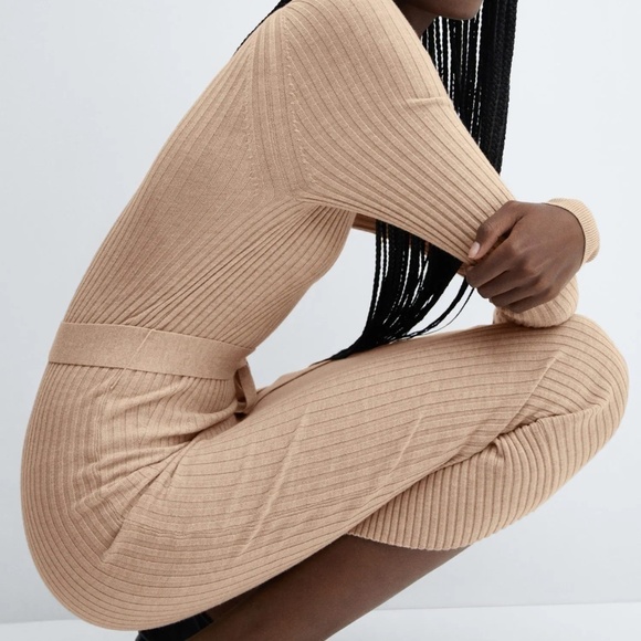 ASOS Mango Bow embellished Dress knitted Ribbed Midi belted Cream tan camel Sz L - Picture 9 of 16